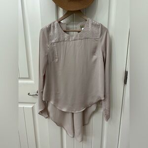 Altar’d State Silky Sequin-Trimmed Blouse in Taupe sz M New Year's Eve